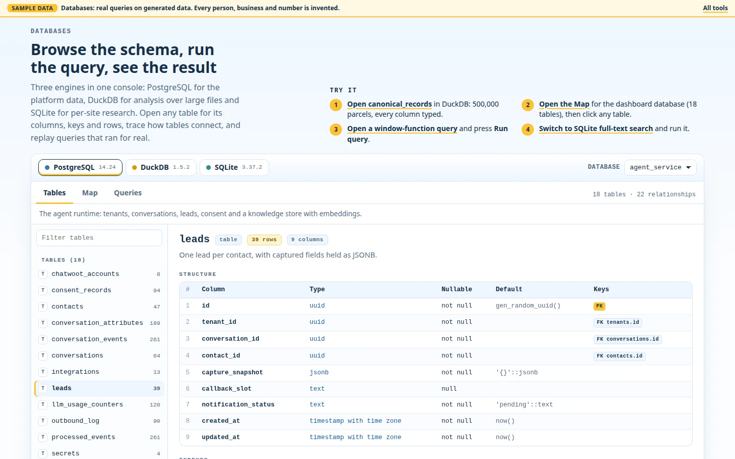 Database design across Postgres, DuckDB and SQLite screen